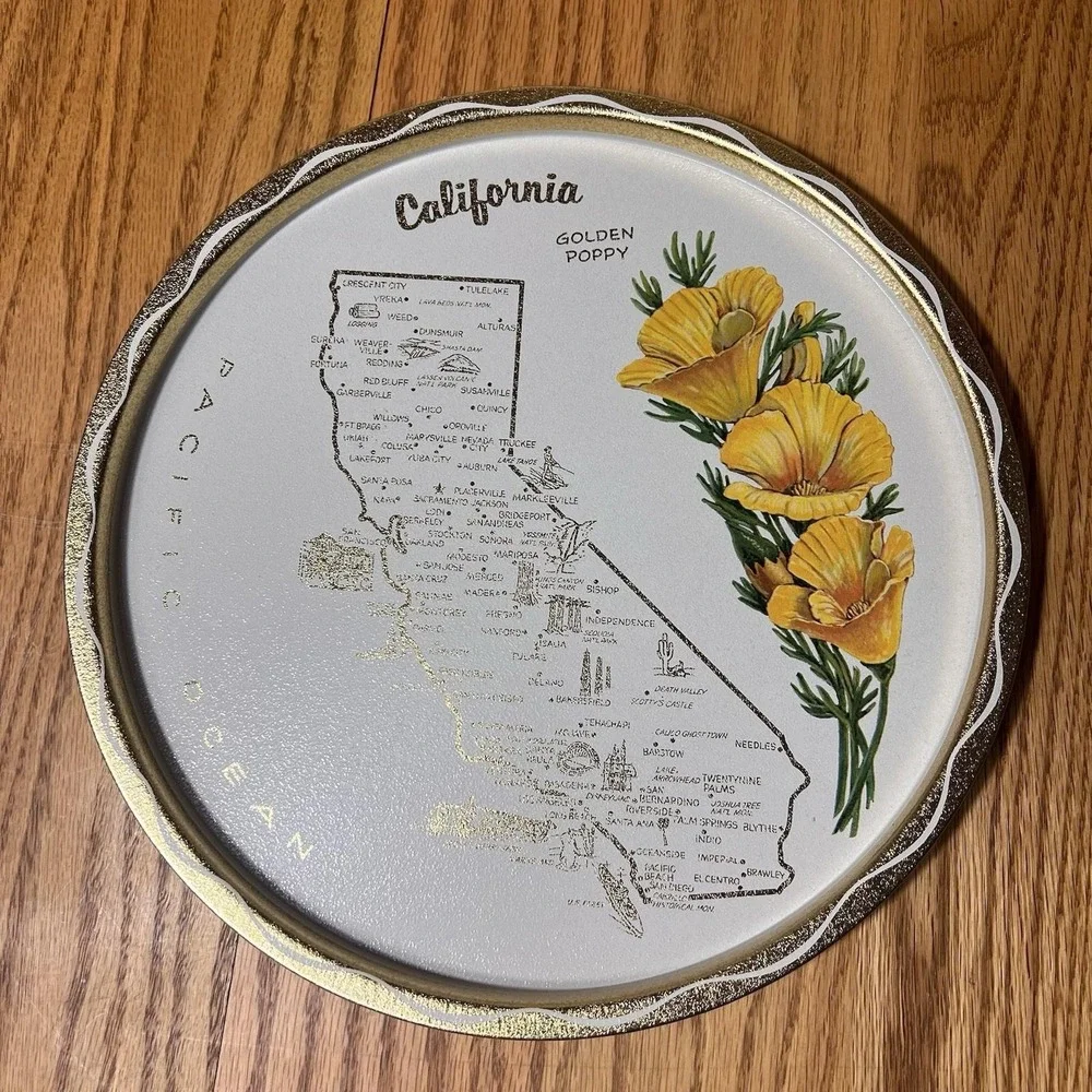 Vintage California Map Souvenir Litho Metal Tray Gold State Flower Poppy Floral